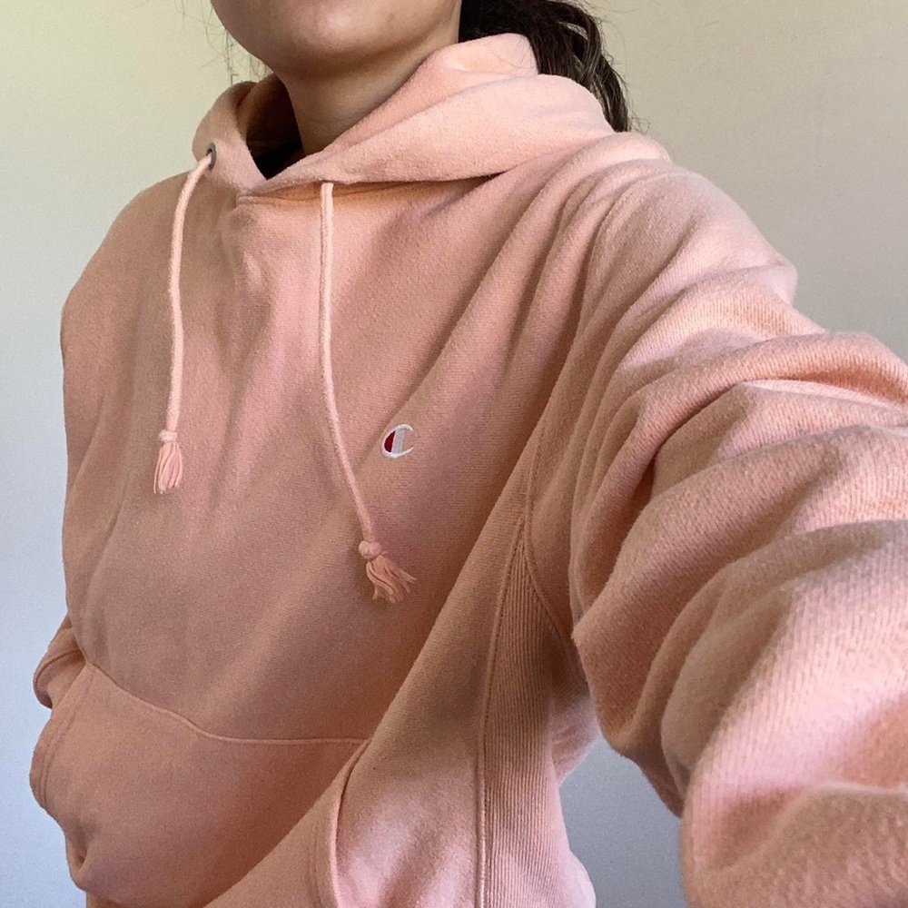 champion salmon, pink, peach reverse weave hoodie
